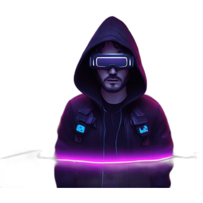 John Snow wearing a black hoodie with "OMG" letters on it and VR headset in a cyberpunk VR environment with violet neon lighting. emoji