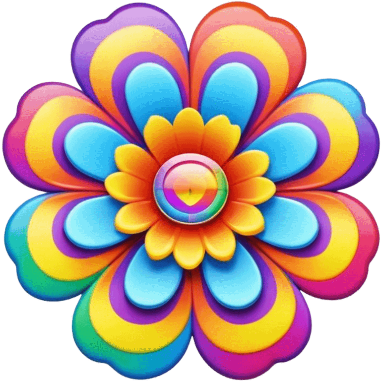 A round psychedelic colored button with bezeled edges and a rainbow colored 3D flower in the center emoji