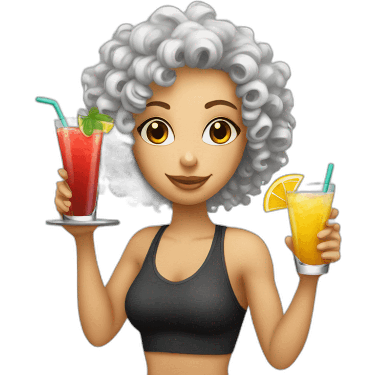 Curly haired white female personal trainer drinking cocktail emoji