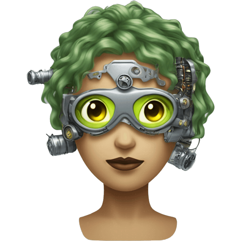 Olive green hair female cyborg head with silver steampunk goggles, goatee and circuits emoji