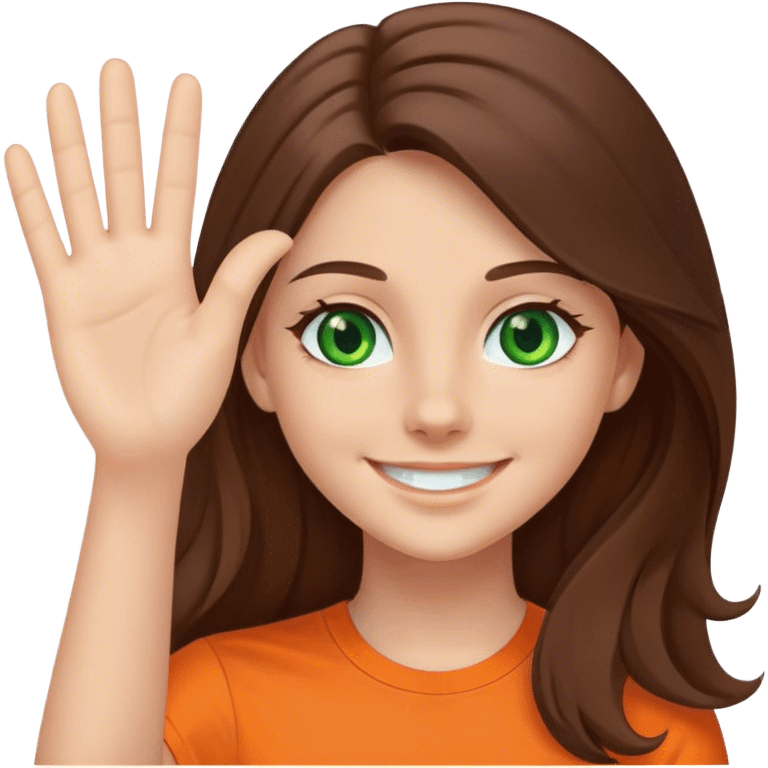 smiling girl with long brown hair, middle hair split, waving, green eyes, orange shirt emoji