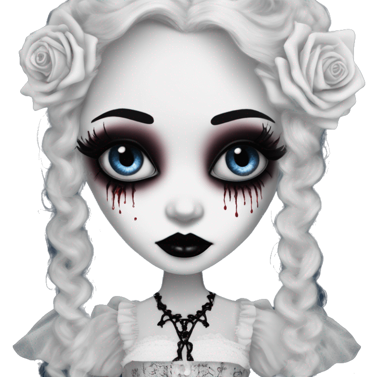 tim burton corpse bride, porcelain doll with a cracked face, goth makeup watery eyes, long hair, lace and ruffles, lolita style, inked, black and white, red roses emoji