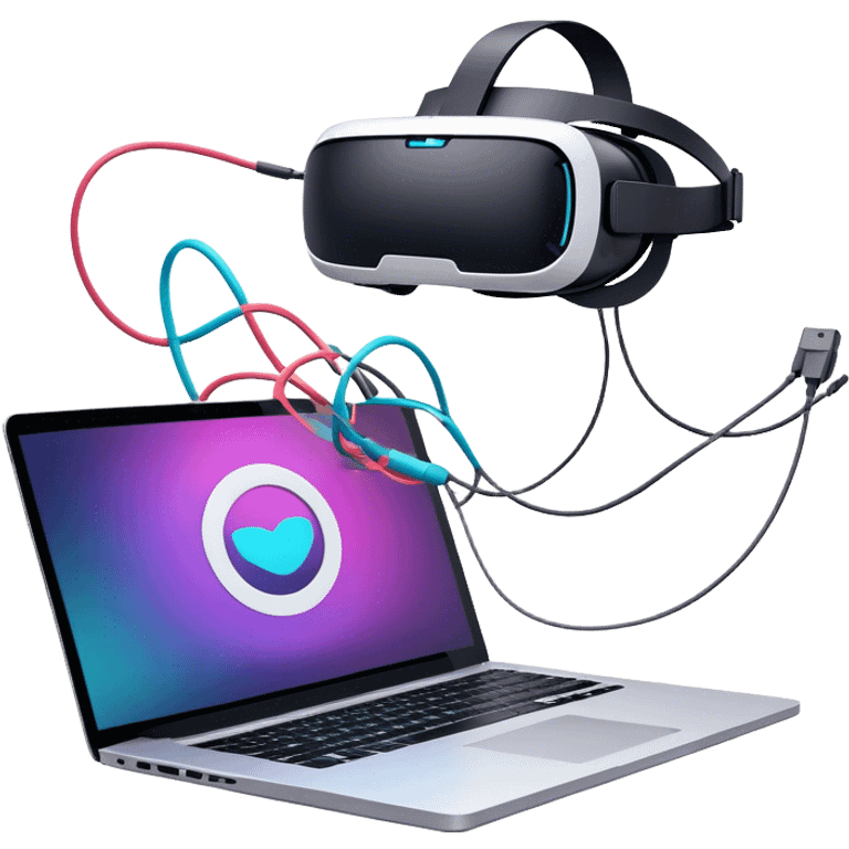 VR headset lying next to a laptop, connected by wires. On the laptop screen, a VR/AR modeling program is open. Floating 3D models or virtual objects. Modern, tech-inspired colors. No emojis or smiley faces. Transparent background. emoji