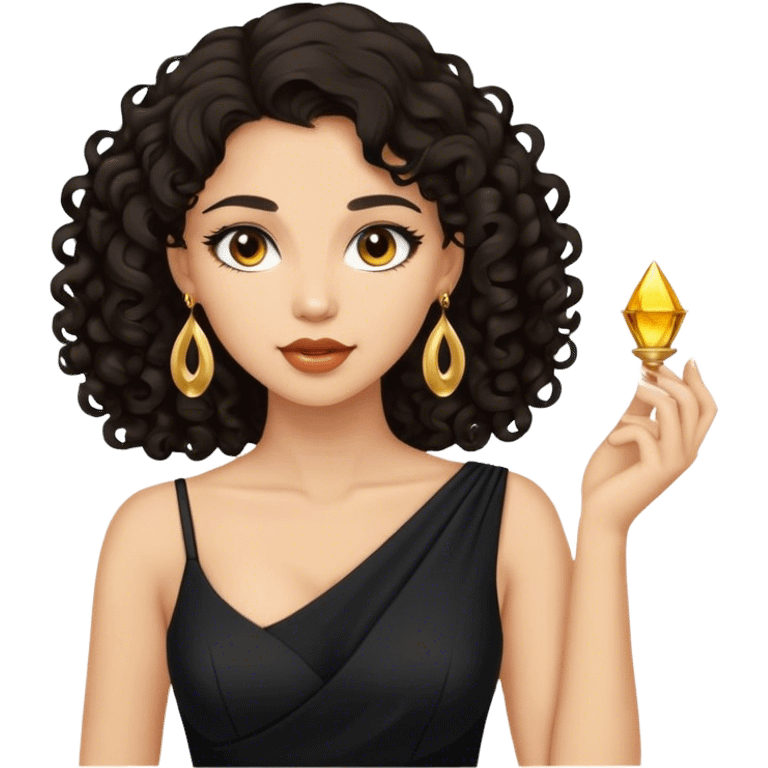 Beautiful woman,cute, light skin, half long curly dark hair in dark dress with gold earrings emoji