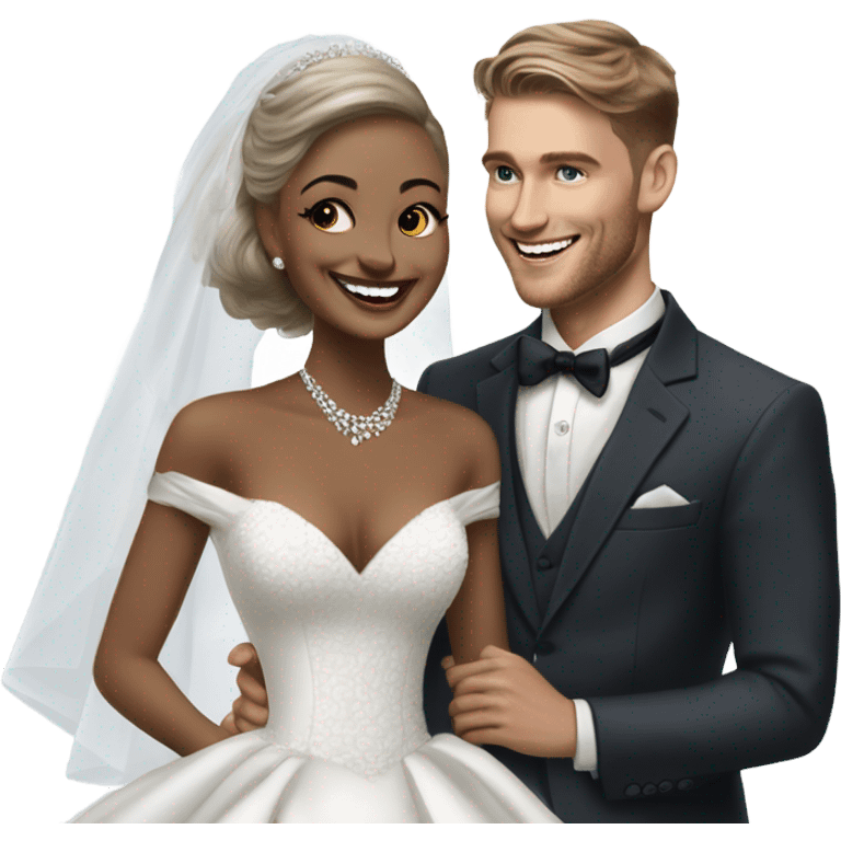 Hyper Realistic beautiful dior bride laughing with a handsome male model groom
 emoji