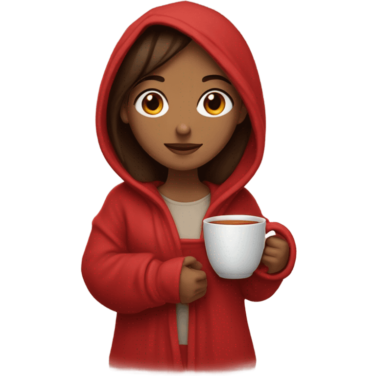 Brunette girl wrapped in red blanket with hoodie sipping tea emoji