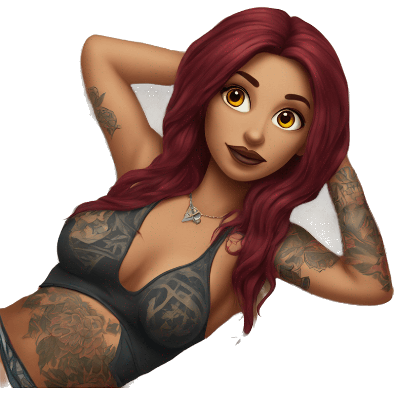 Beautiful tattooed burgundy long haired woman laying on the beach emoji