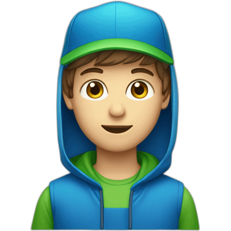 boy with green eyes and triangle head face shape, blue cap, wearing a reversed blue cap emoji