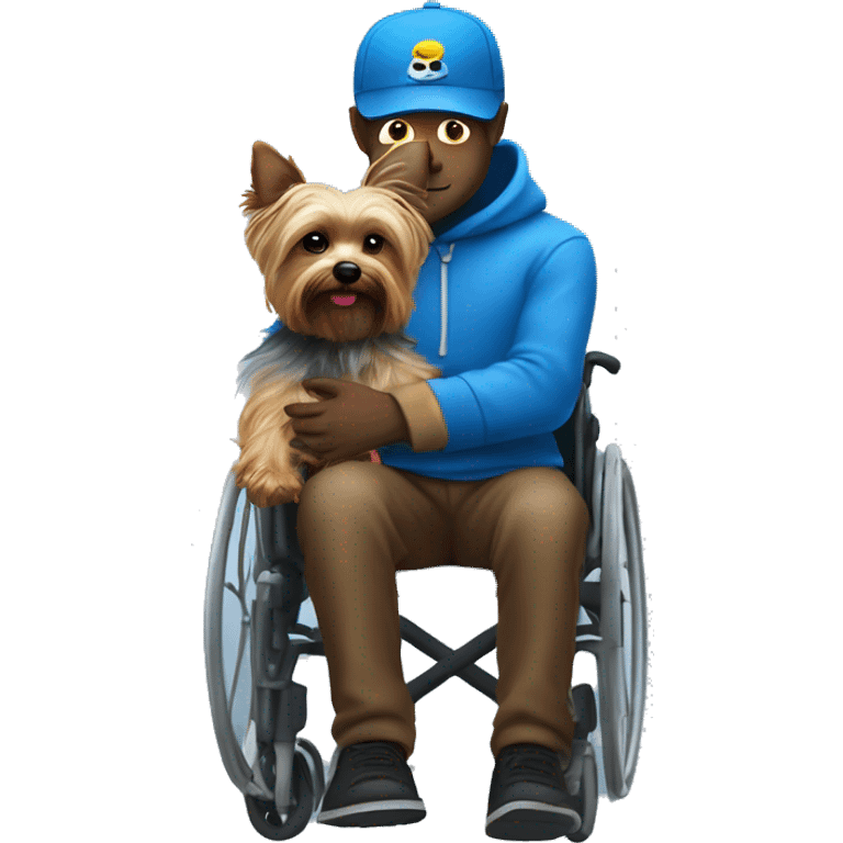 Dark man with blue AF hat on in wheelchair with a Yorkie on his lap emoji