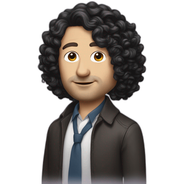 tim robinson with shoulder length curly black hair, wide triangular shape emoji