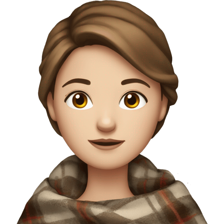 white girl short brown hair wrapped in cozy plaid blanket emoji