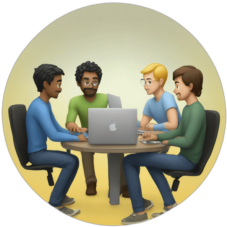 5 Developers with MacBooks sitting in a room with around a circular tabl emoji