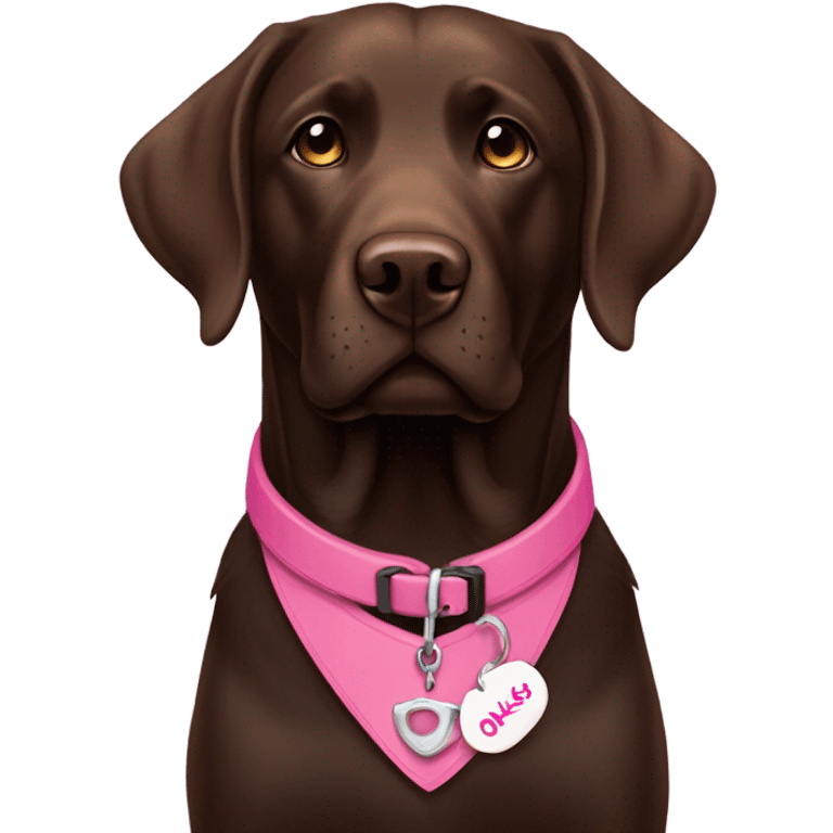 Dark brown labrador with pink collar and name tag that says Oakley emoji