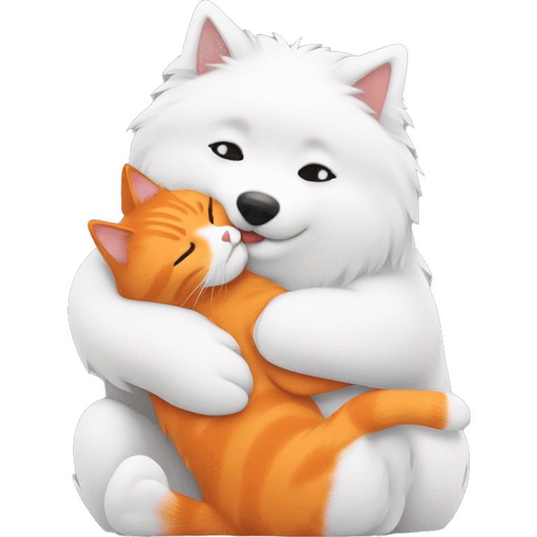 Samoyed hugging a full orange cat  emoji