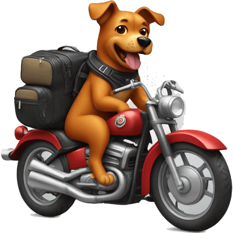 red dog with a backpack rides a motorcycle emoji