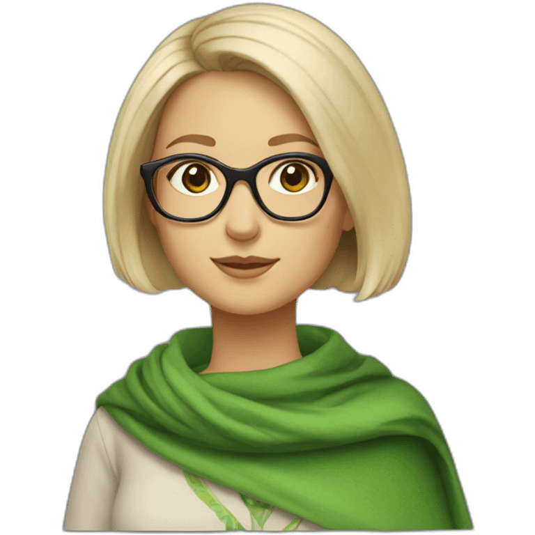 white-woman-with-gray-and-blonde-short-bob-green-eyes-and-brown-glasses-wearing-colorful-shawl emoji