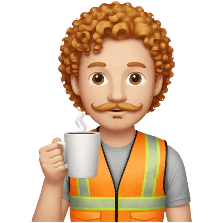 man with strawberry blonde curly hair and a thick mustache holding a coffee cup and wearing a his vis vest emoji