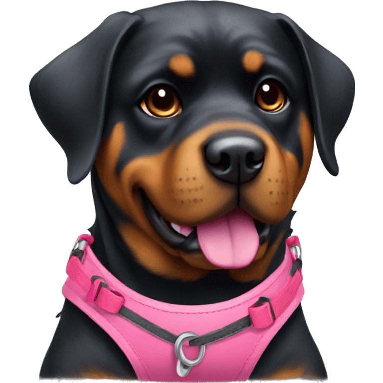 A pretty Rottweiler female with a red harness and a pink rubber ball. emoji