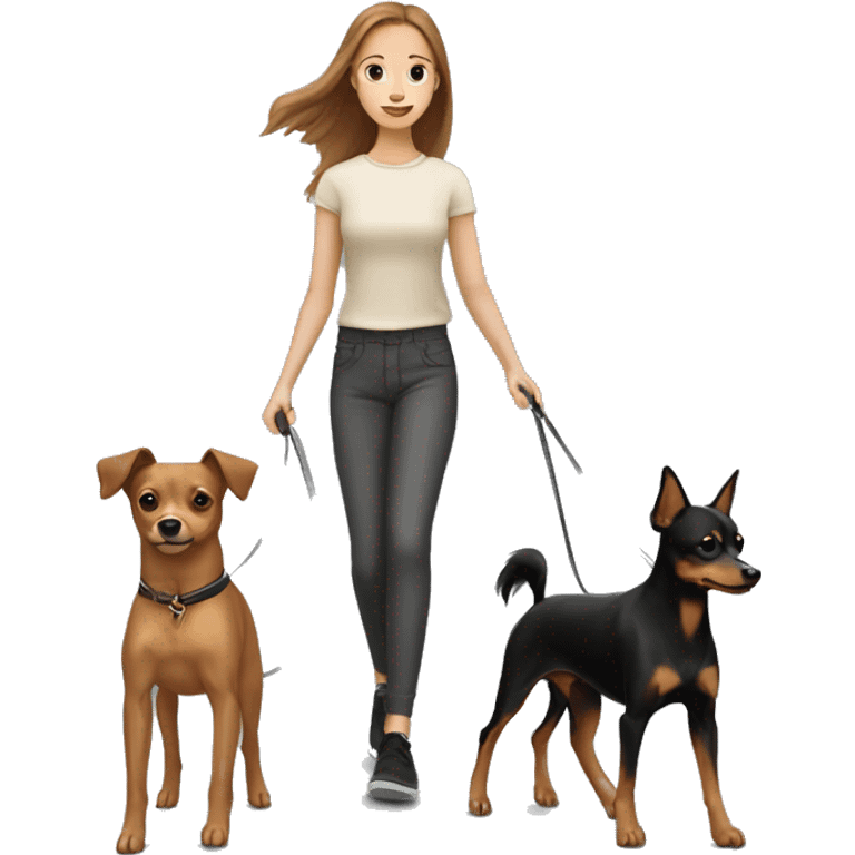 A light brown haired girl, walking one mini black and tan miniature Pinscher and one big light brown Spitz on the lead emoji