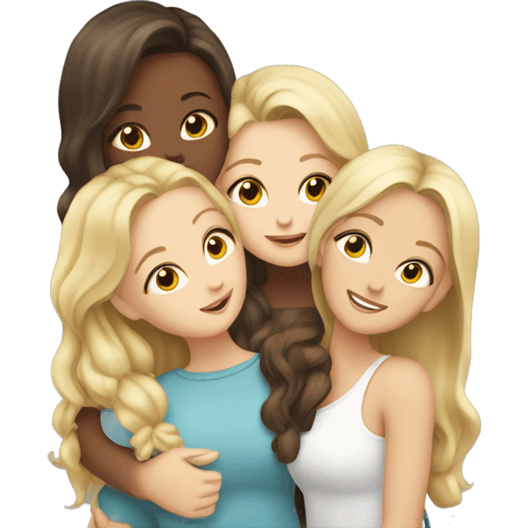 four white girls hugging, two dark blondes, two brown-haired emoji