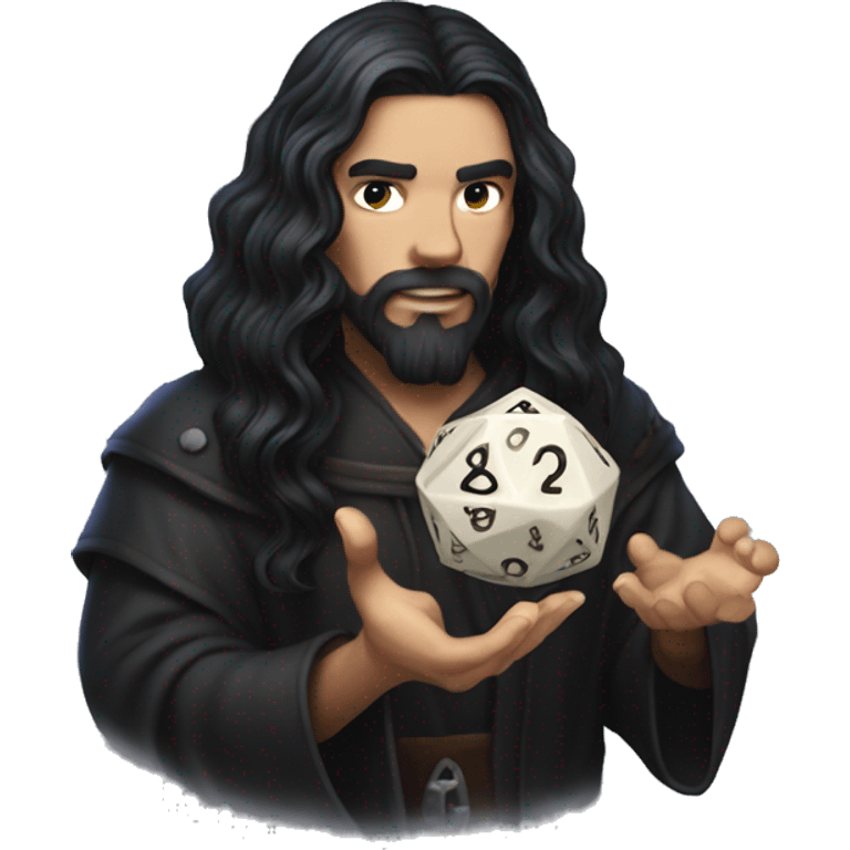 Long dark hair dungeon master holding a D20 dice emoji