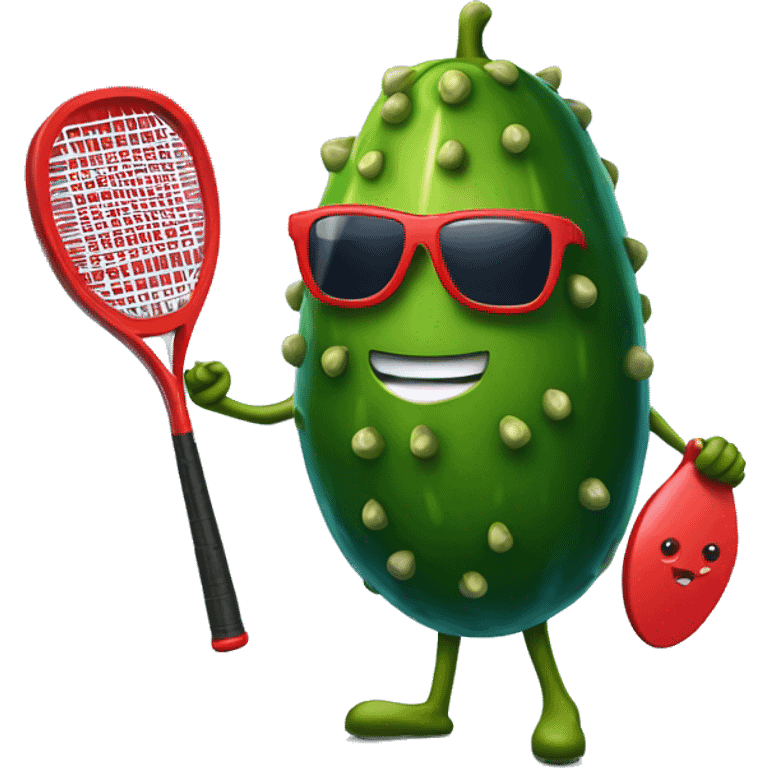 pickle holding a solid red paddle ball racket, blue backgound, wearing sunglasses emoji