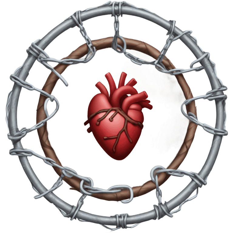 A chain link fence topped with razor wire forms a circle with a human heart in the middle  of it  emoji