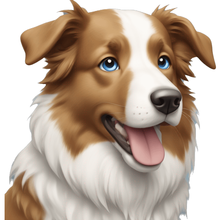 A white and light brown border collie, with one blue eye and one blue and brown  emoji