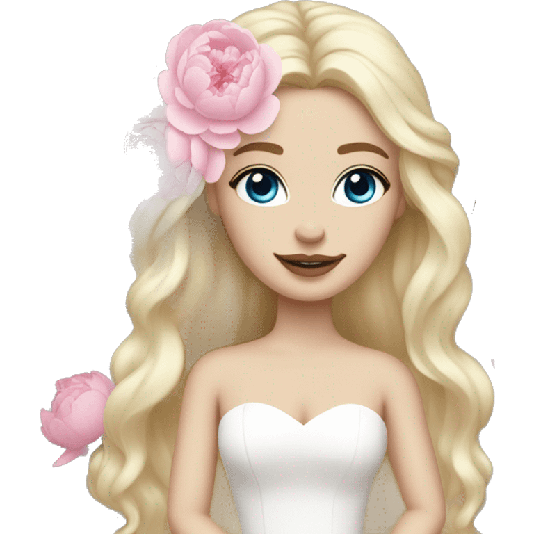 White bride with long light blonde hair and blue eyes with light pink peonies in hair white skin  emoji