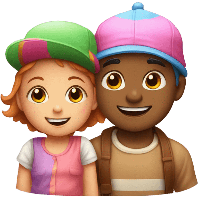 boy and baby girl with smiles and hats emoji