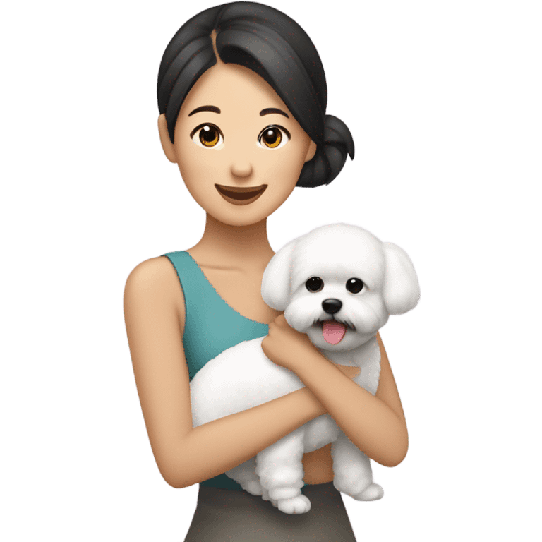 Hair-in-a-bun Asian woman carrying a happy and cute bichon frise emoji