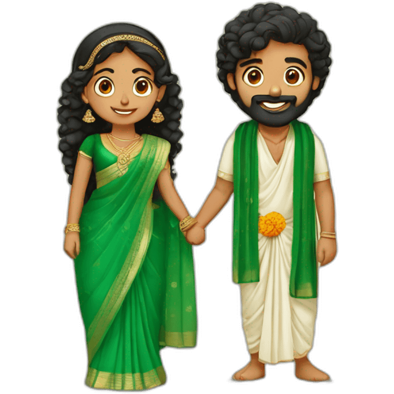 south indian girl with curly hair wearing green saree marrying south indian guy with straight hair and beard wearing dhoti emoji