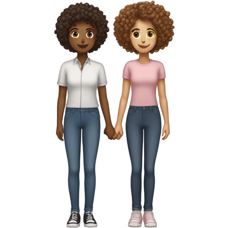 Two girls standing up holding hands one masculine with a curly bun and one feminine with curly hair emoji