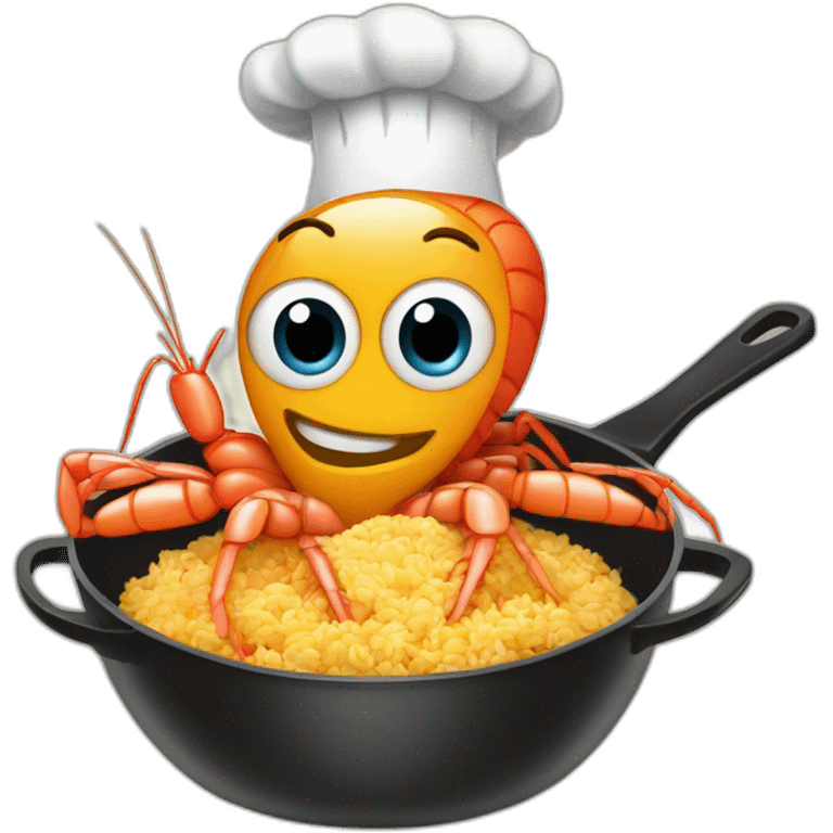 one single giant shrimp dressed as a cook cooking fried rice in a skillet emoji