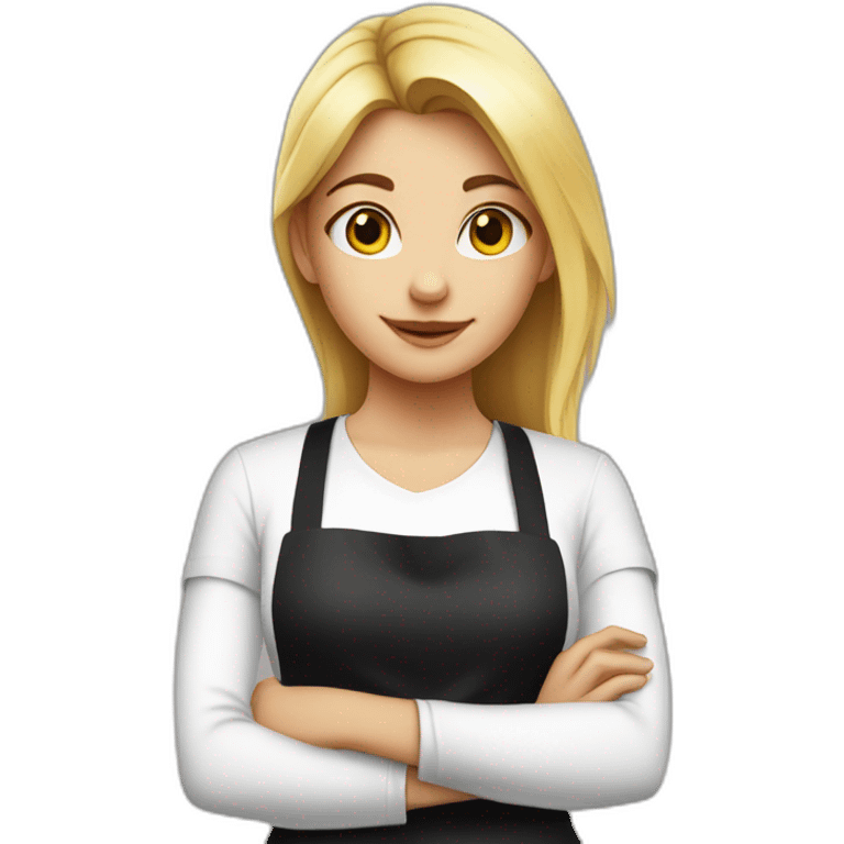 girl in a white T-shirt and a black apron shows a cross with her hands emoji