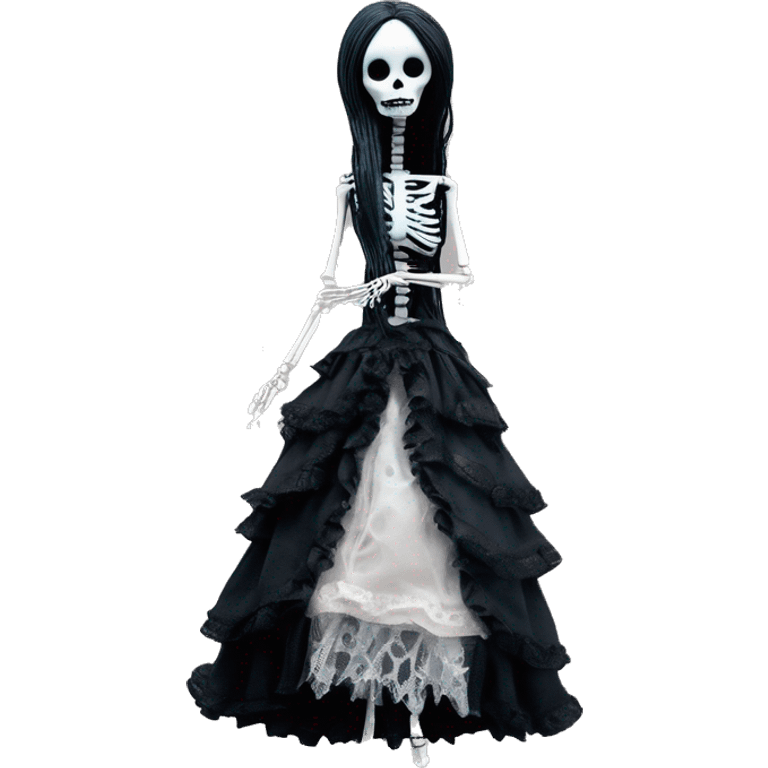 full height skeleton, tim burton "corpse bride", thin porcelain doll with a cracked face, goth makeup watery eyes, long hair, lace and ruffles, lolita style, inked, black and white, red roses emoji