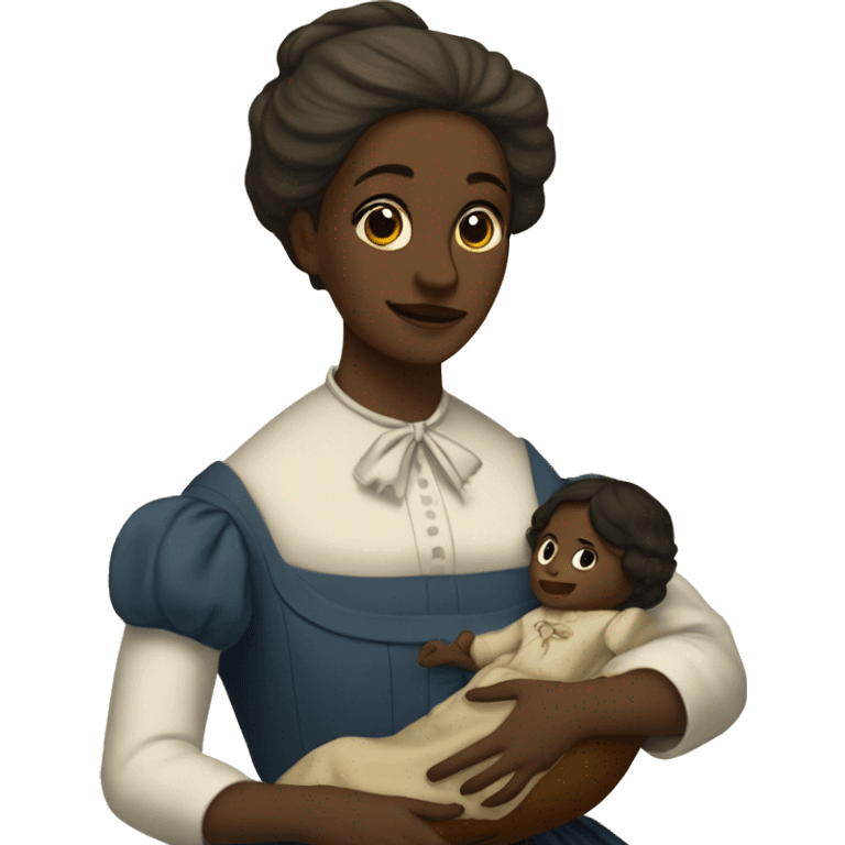 A 19th century woman with a child in her arms. There is a big letter "A" on the dress emoji