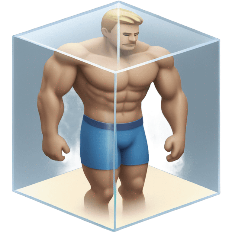 man abs inside a glass cube on a stand isometric view emoji