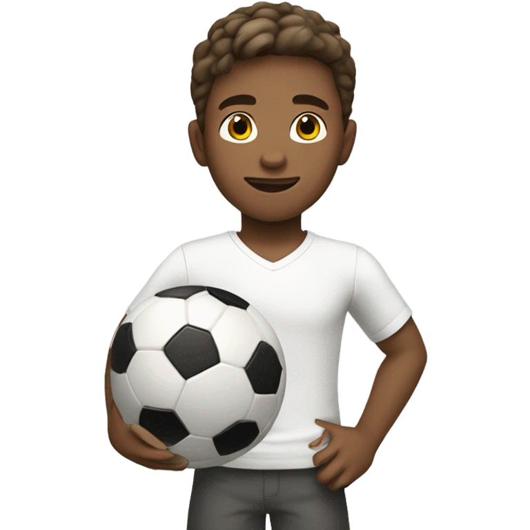 A boy with dark blonde hair, holding a soccer ball in his hand, wearing a white shirt. emoji