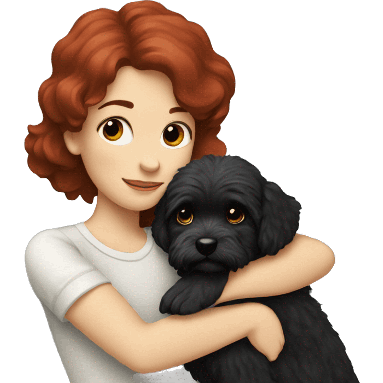 Dark-red-haired girl hugs  her Maltipoo-Black-dog emoji