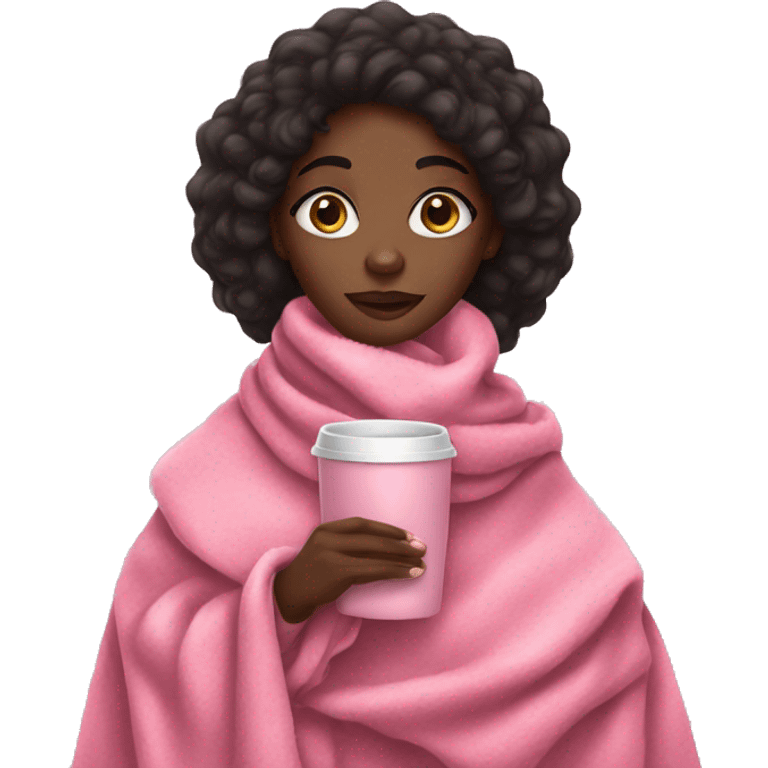 A black girl with a pink blanket around her with hot chocolate in her hand emoji