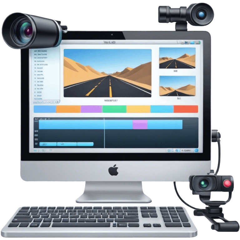 Create an emoji for video editing. Show a computer screen with a video timeline, clips, and editing tools (e.g., scissors). Add a video camera. Use modern, professional colors. Do not include any emojis or smiley faces. Make the background transparent emoji