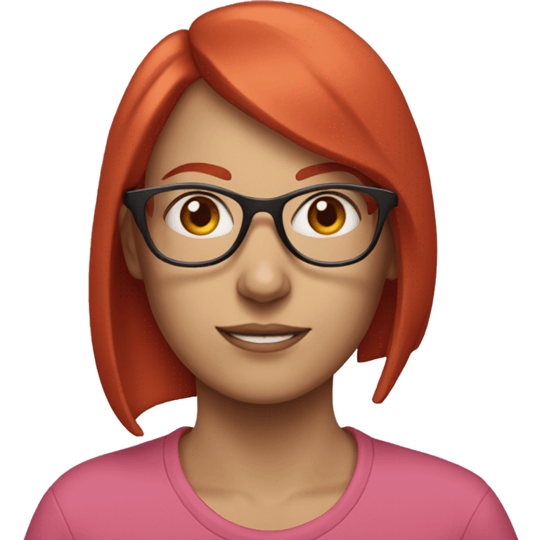 white woman with red hair and red bangs, with clear glasses and a pink sweatshirt emoji