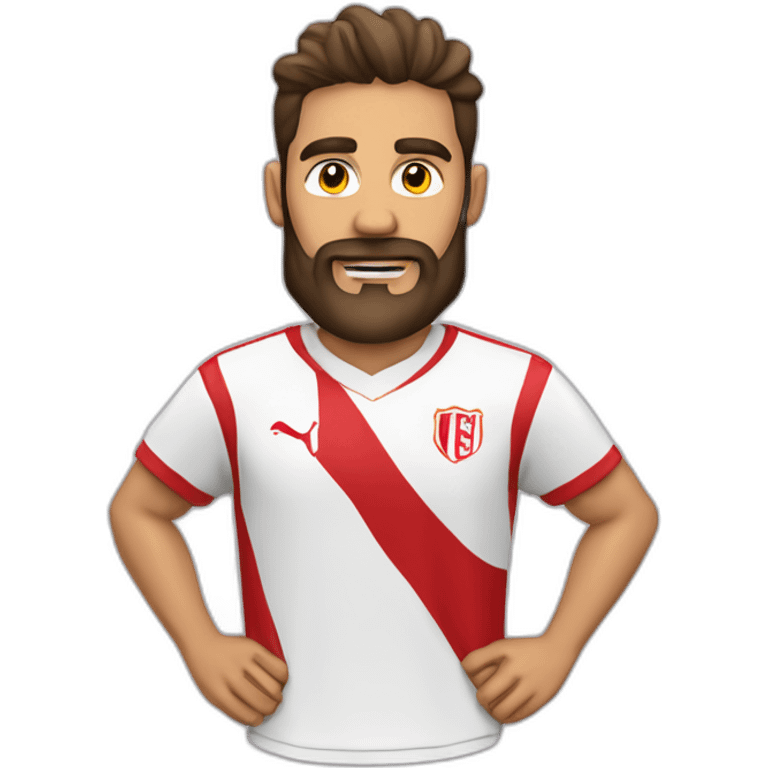 jugador blanco de futbol con barba y camiseta roja disparando a porteria emoji