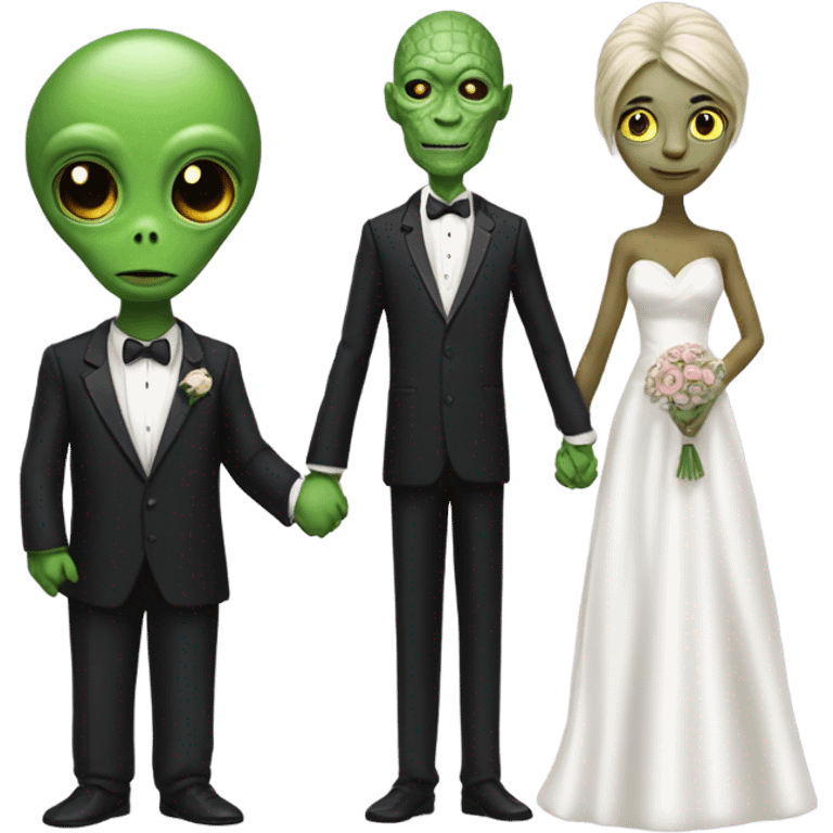 Alien reprilian woman in wedding dress and one humman man in a tuxedo holding hands getting married emoji