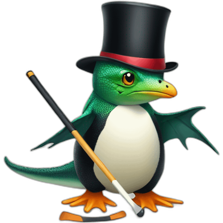 lizard with a cane and a black top hat playing hockey with a penguin emoji