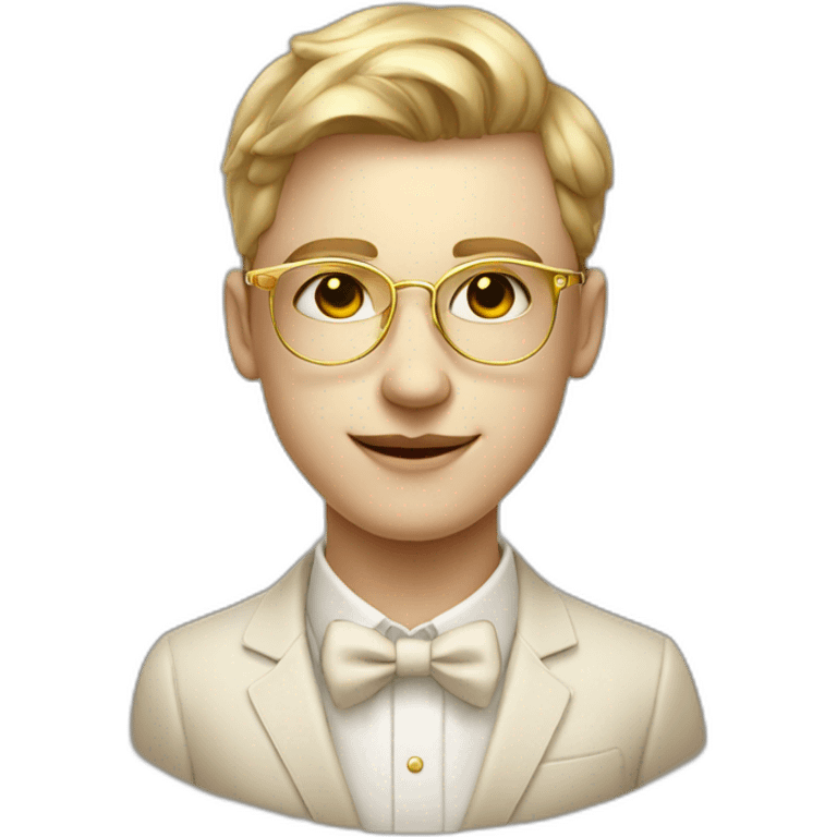 19 years old boy like a gentleman white skin tone. With golden optic glasses. Wearing old money style emoji