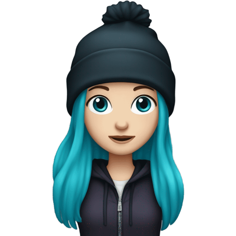 White girl, blue eyes, long teal hair, purple beanie hat, black hoodie, blue jeans, black shoes emoji