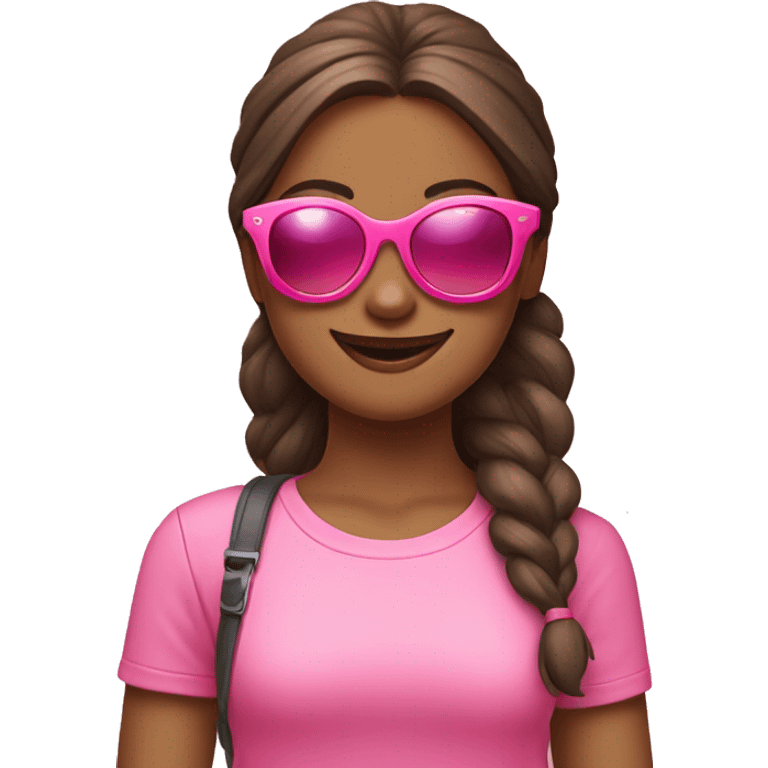 girl wears sunglases with pink glass, she pretty and smiling. she shows peace sign. dressed pink tshirt with smile logo emoji