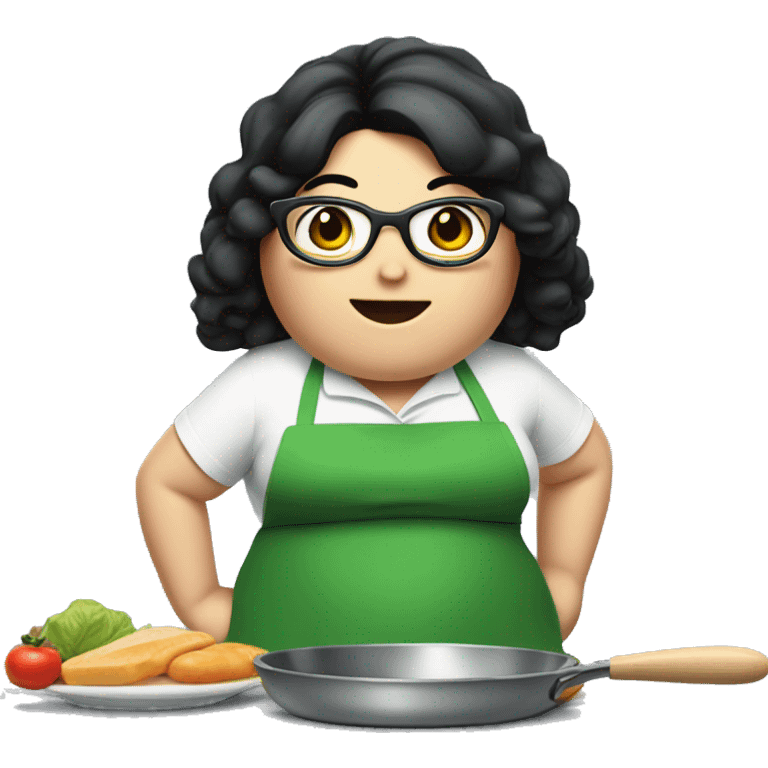 chubby lady with black hair green apron  with glasses cooking  emoji